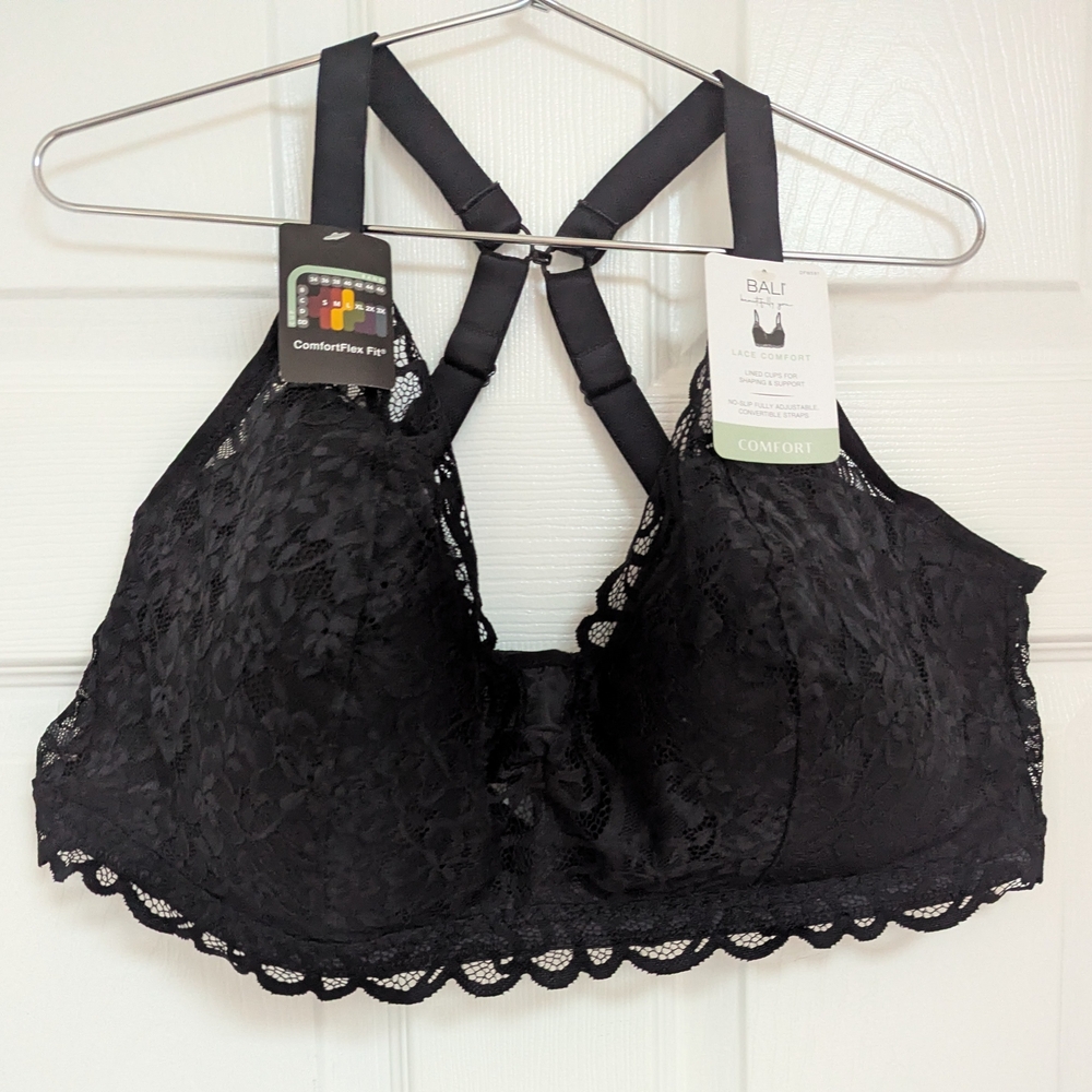 Bali Black Lace Wirefree Racerback Bralette with Scalloped Hem